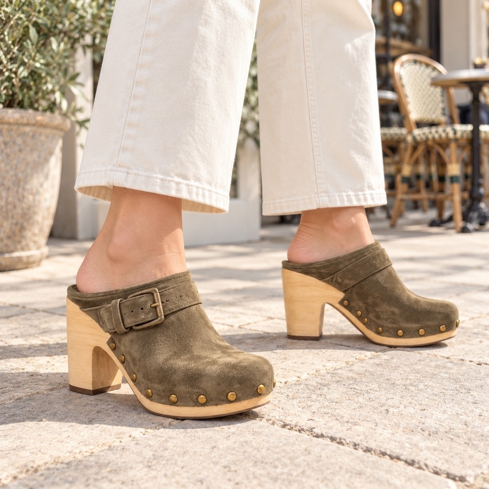 Veronica Beard Dacey Olive Suede Studded Platform Clogs Boho western sz 7 earthy